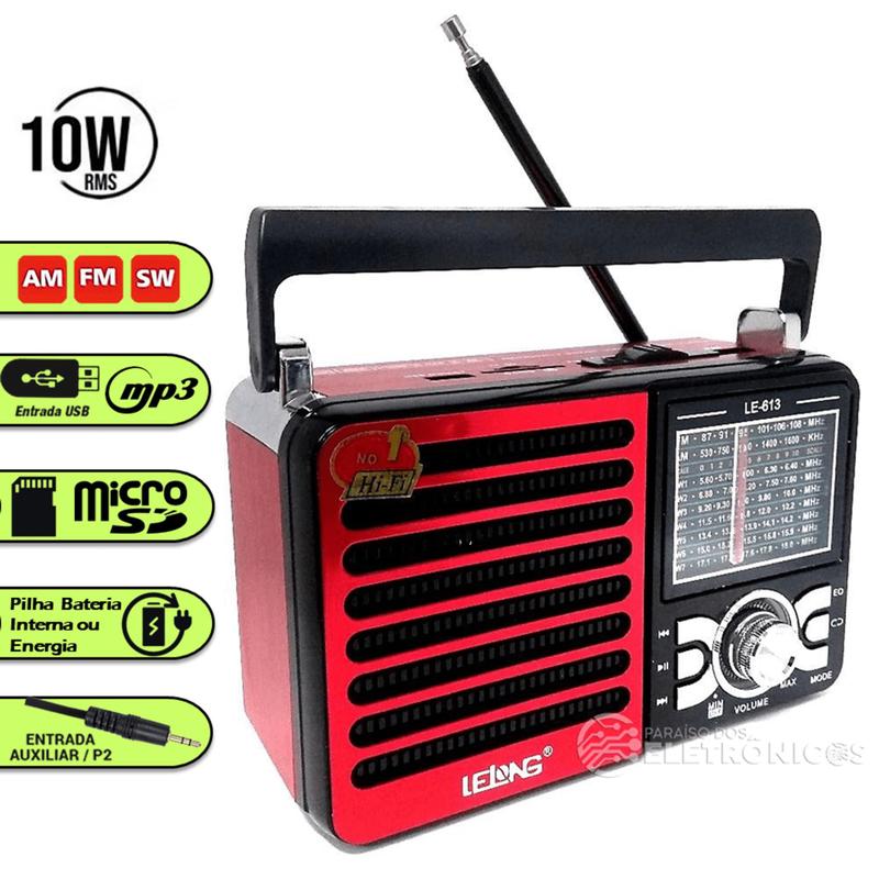 Rádio Portátil AM FM SW Toca MP3 Com Entrada Pendrive e Cartão de